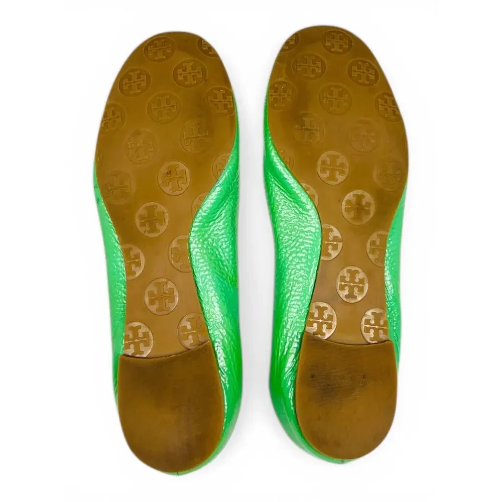 Tory Burch Caroline Green Leather Ballet Flats Size 6 Gold Logo Scrunch Elastic